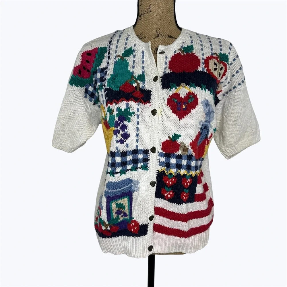 Signatures Northern Isles Hand Knit‎ Sweater White Fruit Americana Vtg 90s Sz L
